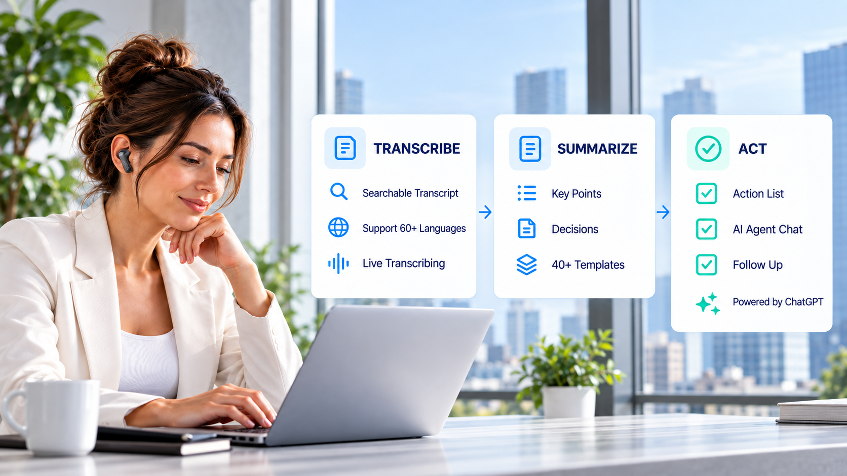 Professional wearing an OSO earbud beside clear Transcribe, Summarize and Act workflow cards