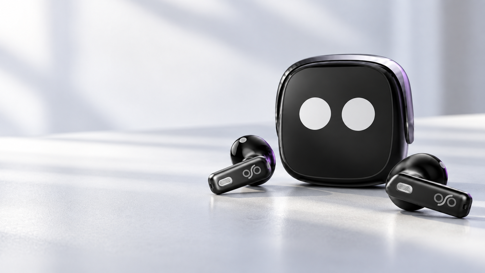OSO² earbuds and compact charging case together on a neutral desk