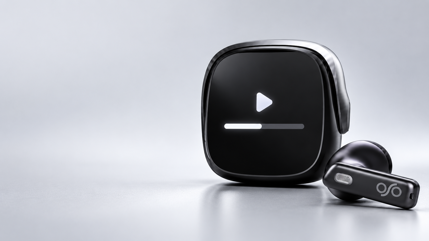 Concept OSO² smart charging case with an on-screen playback state beside an earbud