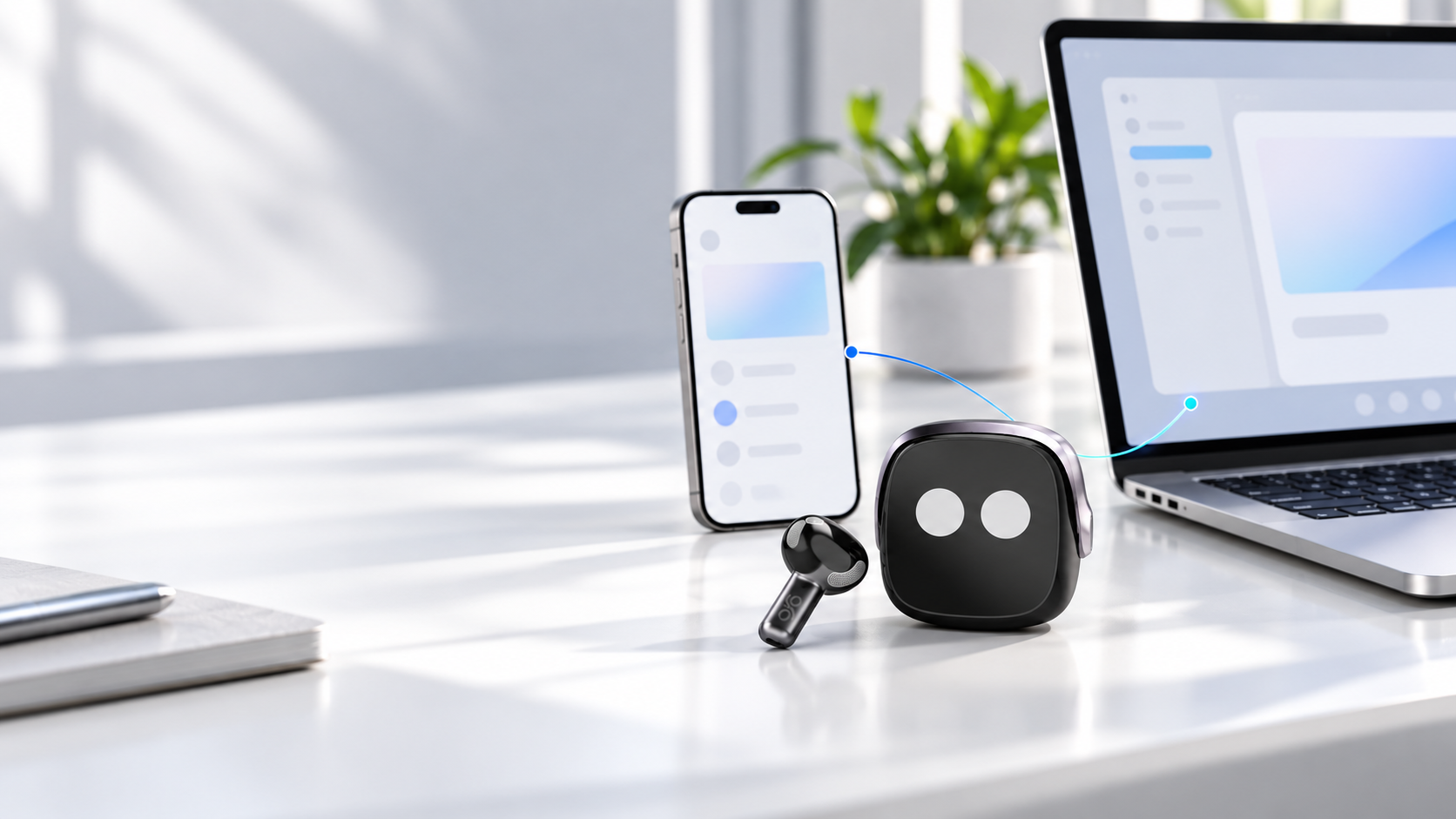 OSO² earbuds beside a phone and laptop in a work setting
